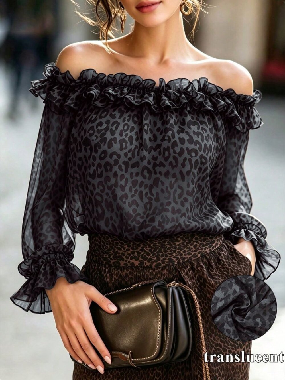 Multicolor Elegant Women's Off-Shoulder Flounce Puff leopard print Long Top